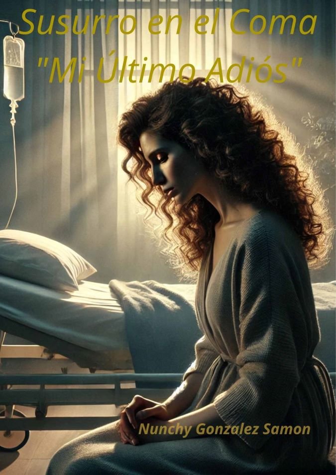 Portada del libro "El Susurro en el Coma", una madre sentada junto a la cama de su hija en el hospital